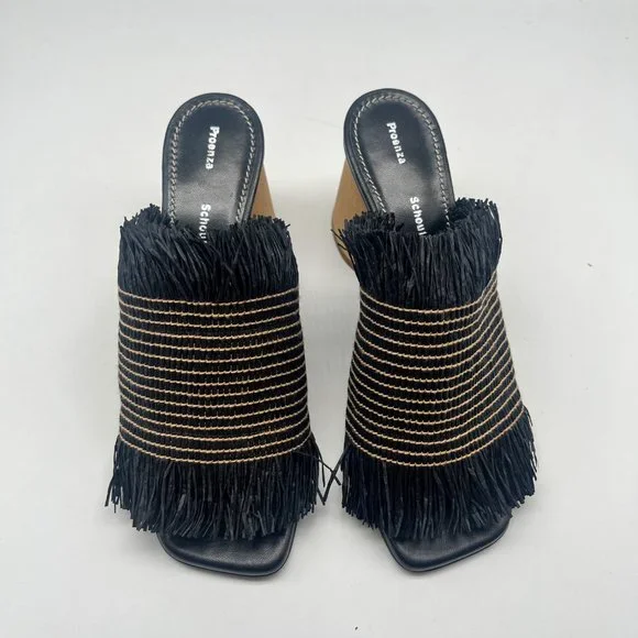 Proenza Schouler Straw Black and Beige Slide Sandal Block Heel Sz 36.5 - Picture 6 of 11